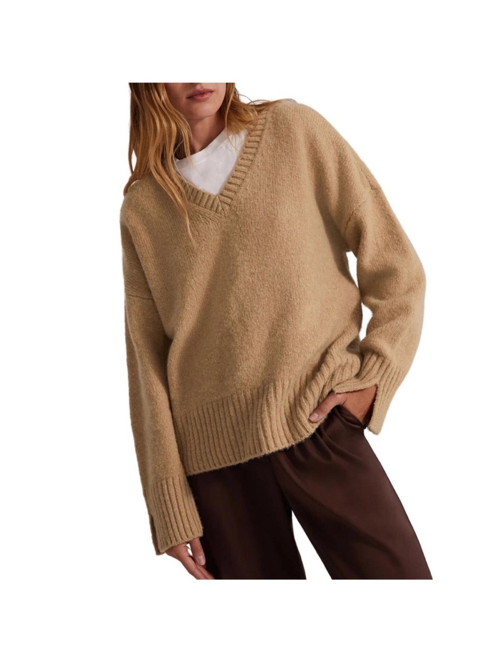 Favorite Daughter William V-Neck Sweater in Almond / Camel Beige